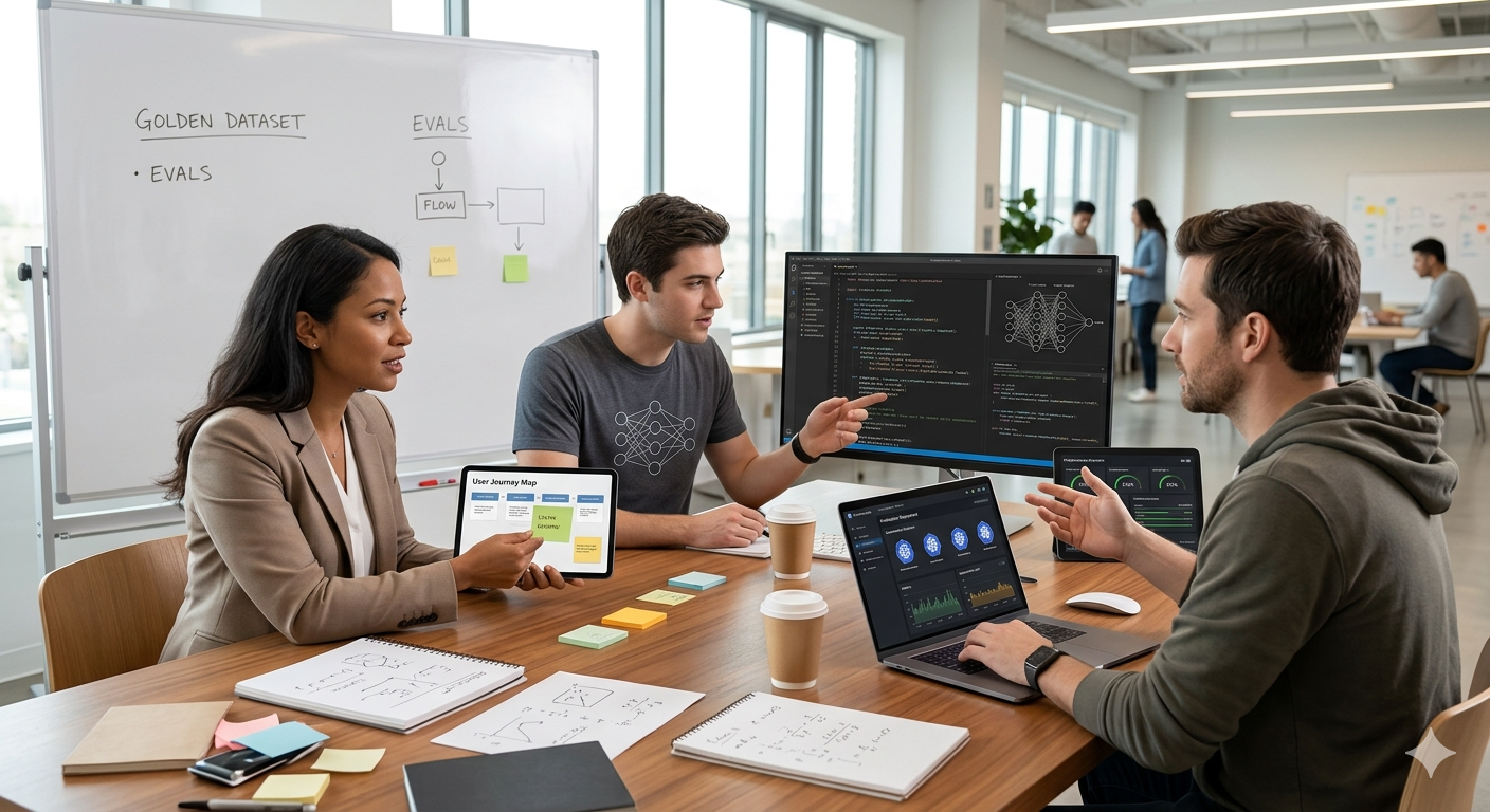 A team collaborating on an ML product — product, research, and engineering together